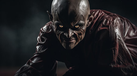an evil man with zombie-like skin is depicted in this high-definition wallpaper. he wears a mask and is captured in the style of the panasonic lumix s pro 50mm f14 lens. the image features a dark gold and crimson color scheme, with epic fantasy scenes and grotesque figures. the man's shiny eyes stand out, enhanced by dramatic lighting. this captivating photo was taken using theの素材