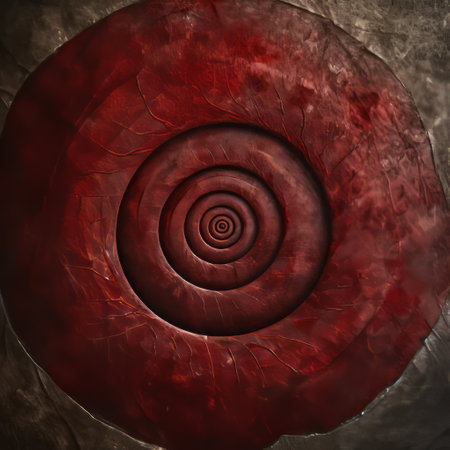 a red circular metal object with a surrealistic horror-inspired spiral in the middle. the stone-like texture adds to the rough and realistic still life appearance, enhanced by dramatic lighting. the dark crimson and dark beige colors create a lovecraftian atmosphere. this uhd image captures the intricate details of the eerie and captivating composition. ai generatedの素材