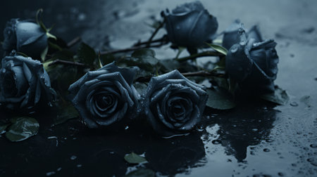 a cluster of blue roses sits on the dark floor, showcasing a gothic dark and moody aesthetic. the 8k resolution image captures the intricate details of the roses, while the dark sky-blue and gray tones add depth and intensity. water drops on the petals enhance the visual appeal, and symbolic props create a punk rock aesthetic. the overall composition evokes a sense of romantic landscapes.の素材