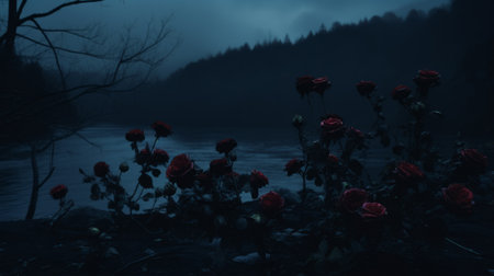 roses on the cliffs outside a waterside area, surrounded by night clouds. this creepypasta-style photo showcases the beauty of nature in 8k resolution. the dark red and indigo hues, along with the southern gothic-inspired atmosphere, create a captivating and haunting scene. the intricate details add a touch of darkness to this mesmerizing image captured by matti suuronen. ai generatedの素材