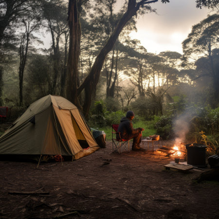 a man sits on a bench next to a tent, surrounded by the atmospheric woodland of sumatra. this captivating image, captured with a canon eos 5d mark iv, showcases the beauty of the australian landscape. it evokes a sense of history and is reminiscent of the stunning photography often seen in national geographic. ai generatedの素材