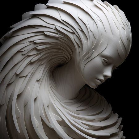 a 3d printed woman sculpture by henning brinkmann, featuring intricate feather rendering and futuristic chromatic waves. the close-up shots highlight the contrasting dark white and light white tones. this sculpture showcases the artist's use of traditional japanese artistic techniques, resulting in a ceramic masterpiece. ai generatedの素材