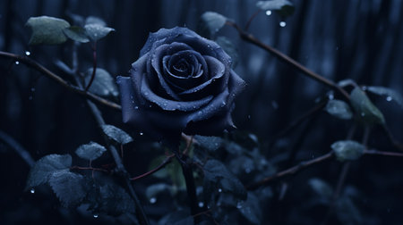 a dark flower blooms amidst the rain-soaked forest, under a brooding sky. the image captures a gothic and macabre ambiance, with its dark silver and blue tones. the photorealistic pastiche creates a romantic goth atmosphere, blending light indigo and deep black shades. the scene is both realistic and enchantingly romantic. ai generatedの素材