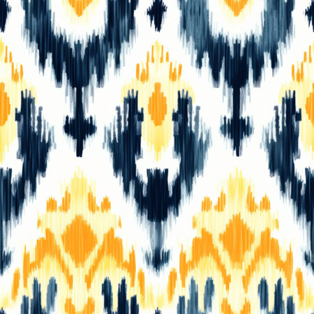 a blue and yellow floral ikat pattern with a light orange and dark navy color scheme. the detailed background elements feature organic materials in light white and dark navy shades. the attention to fur and feathers texture is evident, along with traditional balinese motifs portrayed through minimalistic brushstrokes. ai generatedの素材