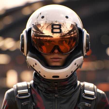 a female pilot wearing a goggles helmet and sunglasses is depicted in this photo. the style of the image is inspired by unreal engine 5, showcasing street style realism. the resolution is 32k uhd, highlighting the futuristic spacecraft design. the color scheme consists of dark orange and white, while a soft-focus technique adds to the hyperrealism of the image. ai generatedの素材