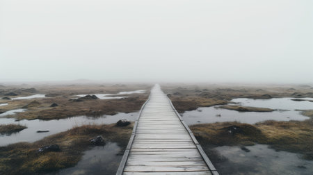 a foggy meadow frames a bridge in this uhd image, capturing the essence of muted seascapes. the photograph, reminiscent of even mehl amundsen's style, showcases zen minimalism with flattened perspectives. the adventure-themed scene is beautifully composed, with a captivating interplay of dark, white, and light cyan tones. ai generatedの素材