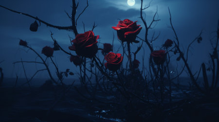 red roses stand out against a dark night background, creating an otherworldly landscape. this hauntingly beautiful image, created using unreal engine 5, showcases desolate landscapes made of intertwining vines. the eerily realistic and uhd quality of the image adds depth to the hauntingly beautiful narratives it portrays. ai generatedの素材