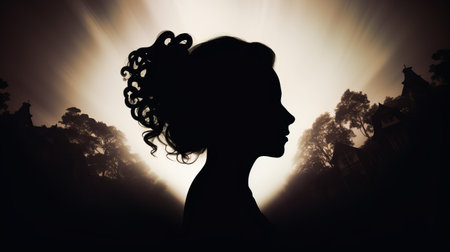 a woman with a silhouette and flowing hair is depicted in a historical fiction style photograph. the image showcases serene faces, a tender depiction of nature, and a smokey background. the composition is curvilinear and highly detailed, reminiscent of victorian aesthetics. ai generatedの素材