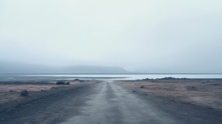 a dirt road winds its way towards a mist-covered mountain, creating a captivating scene of muted, minimalist beauty. the gray and cyan tones add to the romantic ambiance of this seascape, while the flattened perspective and environmental portraiture techniques enhance the artistic portrayal of tonga's natural landscape. this image resembles a matte painting, showcasing the artistry and tranquility of the surroundings. ai generatedの素材