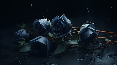 rain of roses on a dark background, captured in hauntingly beautiful illustrations. these hyperrealistic still lifes, rendered in unreal engine with vray tracing, showcase a mesmerizing blend of dark blue and gray tones. the eerily realistic roses bloom in a bloomcore style, creating a captivating and atmospheric visual experience. ai generatedの素材