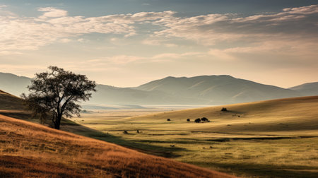 a serene landscape captured by nikon d3300, showcasing the aperture rhythm of undulating hills. mimicking the pulse with varied heights, the open grassland is bathed in soft evening light. the environment resonates with the tranquility of a steady heart. ai generatedの素材