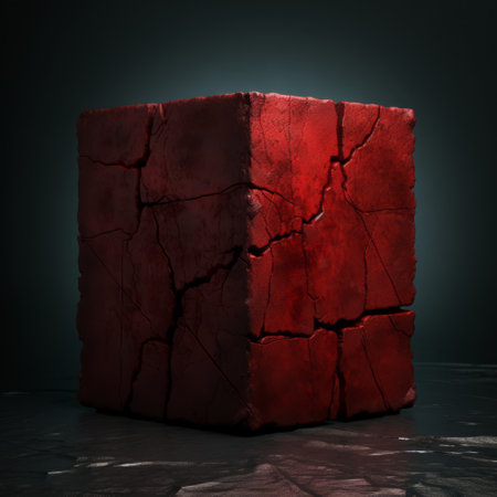 a broken red cube (image 22746) featuring a realistic and hyper-detailed rendering. the image showcases a rough texture and explores different textures. with a paleocore style, it is enhanced by intense and dramatic lighting. the image imitates various materials and has a hard-edge painting effect. ai generatedの素材