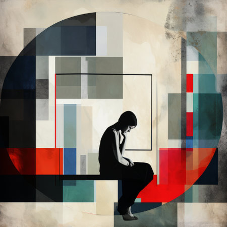 a person sits outside a building, gazing at a digitally enhanced circular image. the artwork, reminiscent of keith negley's postwar abstract style, evokes a somber and dramatic religious atmosphere. influenced by david mould's emotional expressions and cubist shattered planes, this piece captures the viewer's attention with its powerful and thought-provoking composition. ai generatedの素材