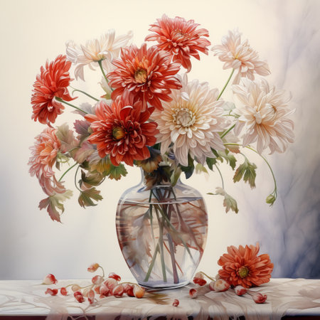 a stunning arrangement of flowers in a vase, inspired by the artistic styles of mandy disher, andrzej sykut, and marguerite blasingame. the flowers showcase a beautiful combination of light red and beige hues, while the realistic portrayal of light and shadow adds depth to the composition. the overall effect is reminiscent of the caravaggesque style, with a touch of transparency and lightness. ai generatedの素材