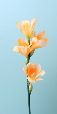 orange flowers bloom vibrantly against a striking blue wall, creating a captivating contrast. this artwork, inspired by the style of zbrush, showcases realistic and hyper-detailed renderings. the smooth and shiny textures of the flowers beautifully complement the light sky-blue and light yellow hues. the minimalist brushwork adds a touch of delicacy and precision to this hyper-realistic composition. ai generatedの素材