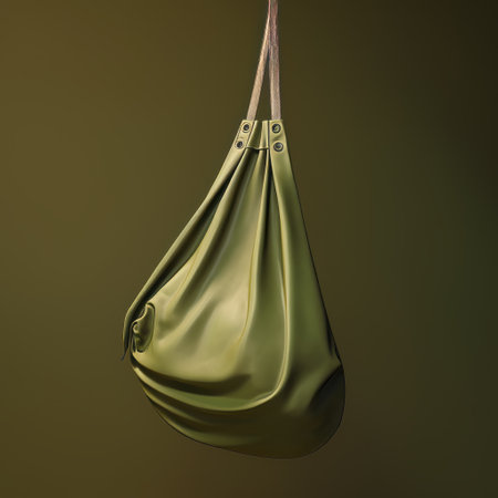 a green leather handbag, in the style of daz3d, hangs from a wire against a brown background. this minimalist expressionism-inspired photo showcases a realistic and detailed rendering of the bag. the soft variations of color and bulbous shape add an artistic touch to the image. ai generatedの素材