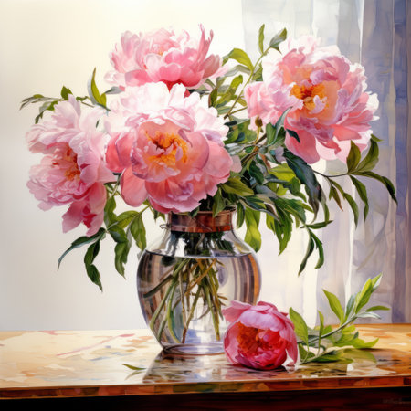 a white painting featuring a realistic still life flower scape in the middle. this artwork, inspired by the style of ivanovich pimenov, showcases a combination of light pink and bronze hues. digitally enhanced, it exhibits luminous reflections with a touch of light red and gray tones. ai generatedの素材