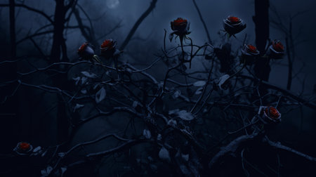 russian roses bloom in the dark forest, surrounded by rocks and twisted branches. this eerie scene, inspired by nature and halloween, features minimalist backgrounds in light red and dark indigo. created using unreal engine 5, it showcases nature-inspired installations with a dark and spooky theme. ai generatedの素材