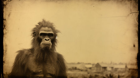 an orangutan portrait captured in the hawaiian forest reserve, on the island of the clouded leopard. this unique photograph is inspired by the tintype photography style of walker evans, evoking a sense of nostalgia for rural life. the image also incorporates elements of stop-motion animation, reminiscent of kent monkman's work. the vintage sepia-toned aesthetic adds to the overall charm of this commissioned piece. ai generatedの素材