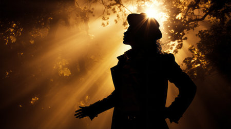 an autumn tree stands tall in the background, exuding the essence of cowboy imagery. the silhouette lighting adds a touch of glamour reminiscent of hollywood portraits. the god rays shining through create a captivating effect, reminiscent of the harlem renaissance. this conceptual portraiture captures the essence of an associated press photo. ai generatedの素材