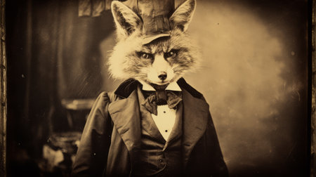 the fox costume by robin frost captures the essence of vintage sepia-toned photography. inspired by the works of thomas nast and j.j. grandville, this close-up intensity showcases the artistry of ambrotype. with a touch of william james glackens' political satires, this photo brings together a unique blend of historical influences. ai generatedの素材