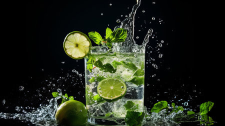 colada with mojito splashing on black background, isolated on grey. captured in the style of canon eos 5d mark iv, this photo by leo putz showcases bold contrast and textural play. the vibrant green and aquamarine colors evoke a traditional vietnamese vibe, while the bold lines and shapes create a visually striking composition. the monochromatic color schemes add depth and intensity to the image. aiの素材