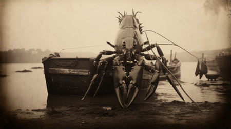 a vintage sepia-toned photograph capturing the impressive panorama of a lobster, its claws facing outwards. this stunning image, reminiscent of late 19th-century art, was taken with a hasselblad h6d-400c camera. the photo showcases the raw documentation of this magnificent creature, transporting viewers to the art of burma. ai generatedの素材
