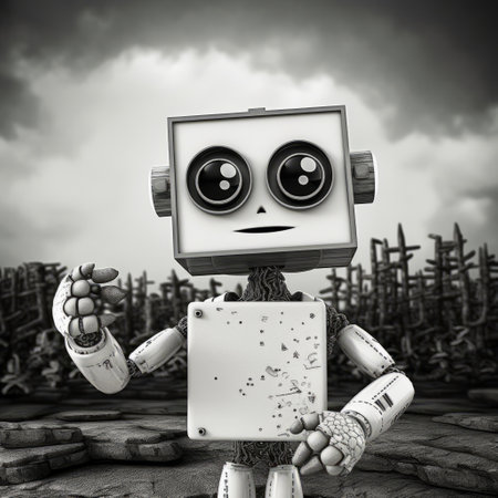 a cartoon robot, reminiscent of metropolis meets nature, stands next to a crumbled out building in this stark black and white photograph. the emotive gestures and expressions of the robot, captured in a soft-focus technique, create an iconic image. this artwork, inspired by the style of android jones, combines elements of nature and technology to evoke a powerful visual impact. ai generatedの素材