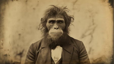 a primate dressed in a suit and tie, wearing a red hat, captured in a vintage sepia-toned photograph. this unique portrait, reminiscent of the hudson river school era, showcases the fusion of black and white portraits with a touch of junglepunk aesthetic. the emotive expressions on the primate's face add depth and intrigue to this commissioned artwork. ai generatedの素材
