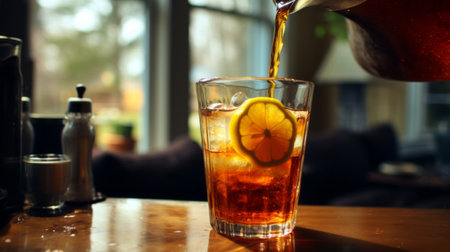 a glass of tea being poured into a pan, featuring a dark orange and light brown color palette. the image has soft edges and blurred details, with a lens flare effect adding a touch of creativity. this high-resolution uhd image is part of the absinthe culture series by arnoldo pomodoro, available under a creative commons attribution license. ai generatedの素材