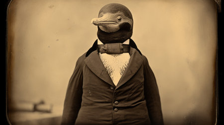 a bird wearing a cap, reminiscent of victorian-era clothing, is captured in this image. the unique style of the photograph combines elements of mcdonaldpunk, smilecore, and zeiss milvus 25mm f14 ze lens. the bird's attire is restored and repurposed, with a touch of marine biology-inspired aesthetics. the overall composition exudes an american tonalist vibe. ai generatedの素材