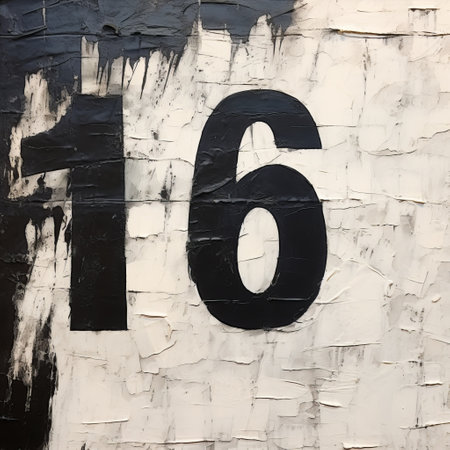 a black and white number 17 is depicted in this oil on canvas painting. the artwork showcases a text-based mixed media style, with elements of conceptual street art. the rustic texture and realist detail add depth to the piece. the use of dark white and light navy colors creates a striking contrast. this artwork is reminiscent of the site-specific art movement and pays homage toの素材