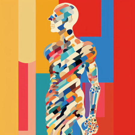 a vibrant and abstract illustration featuring a multilayered silhouette of a man and a woman. the artwork showcases colored shapes and anatomical elements, resembling modular patterns and skeletal structures. with its vibrant color blocks and polychrome sculpture-like appearance, this illustration is a captivating display of artistic creativity and abstraction. ai generatedの素材