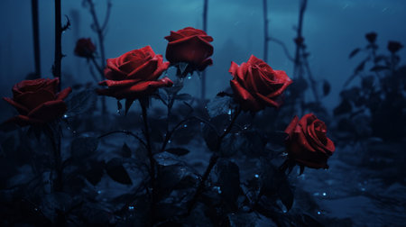red roses in the dark wallpapers featuring post-apocalyptic surrealism. these 8k resolution images showcase a dark blue color palette and incorporate elements of gothic pop surrealism. created using octane render, these nature-inspired wallpapers are a stunning display of beauty and creativity. ai generatedの素材