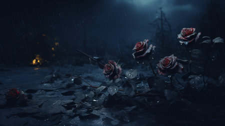 a rainy night scene captured under dark trees, showcasing raindrops on delicate roses. this digitally manipulated image, created in the style of unreal engine 5, features delicate flora depictions with a touch of eerie realism. the use of cinema4d enhances the rendering, adding a sense of delicate realism to the scene, which is further accentuated by the presence of rusty debris. ai generatedの素材