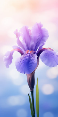 a violet iris flower stands gracefully on an orange background, surrounded by a light sky-blue and light pink color scheme. this backlit photograph by dimitry roulland captures the intricate and delicate nature of the flower, resembling a painting of a garden. shot with a canon eos 5d mark iv, this uhd image showcases the beauty of nature-inspired forms. ai generatedの素材