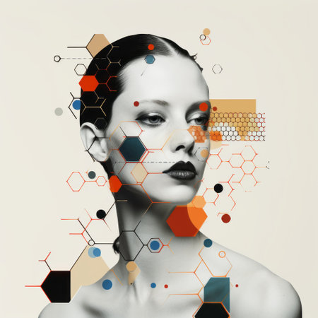 abstract photo featuring a female face merged with scientific concepts and biological molecules. the image showcases a luxurious geometry with layered portraits in dark white and orange tones. industrial and technological subjects are incorporated, creating a visually captivating composition. the photo also incorporates elements of redshift, fashion illustration, and geometric balance. ai generatedの素材