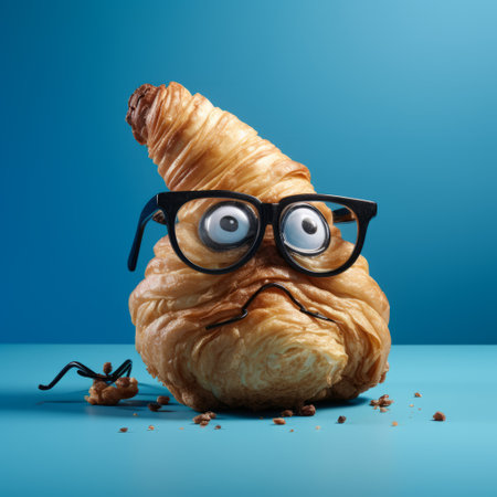 an angry looking croissant captured in a surrealistic style by a specialist in object portraiture, using a konica big mini camera. the twisted characters and optical illusionism create a captivating image that resembles a national geographic photo. the high resolution allows for intricate details to be seen, enhancing the overall impact of the photograph. ai generatedの素材