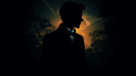 a silhouette of a man in victorian-era clothing stands before a sunlit field of trees in this luminous nightscape. this conceptual digital art captures the essence of a romantic illustration, reminiscent of pierce brosnan's charm. the uhd image showcases the intricate details and mesmerizing beauty of this captivating scene. ai generatedの素材