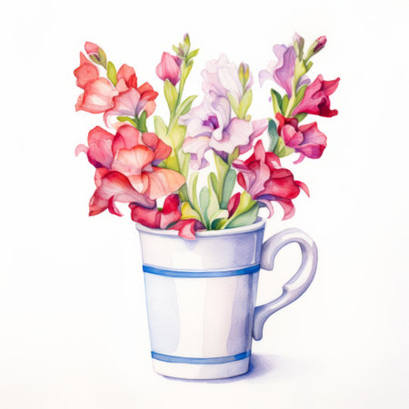 a watercolor painting of flowers in a cup, stock picture image 043491079, featuring vivid color blocks in light purple and red. the naturalistic depictions of flora and fauna create a photorealistic composition. the enamel cup adds a touch of light red and white, while the overall style maintains a humorous tone. ai generatedの素材