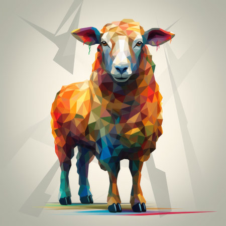 colorful geometry animal abstract illustration featuring symmetrical triangles. this realistic artwork showcases a vibrant use of light and color, with detailed character design. the low poly style adds a unique touch to the pastoral scene, while the illustration's use of light and shadow creates a visually captivating effect. a wimmelbilder-like composition adds an element of complexity to this visually stunning piece. ai generatedの素材