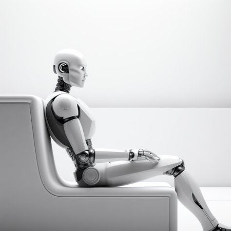a humanoid robot is depicted sitting in a white space with a white background. the image showcases a monochromatic contemplation style, with digitally enhanced features. the robot exudes a rationalist chic vibe, with a color palette of dark white and silver. the interior scenes emphasize mood and atmosphere, while sleek lines add to the overall aesthetic. ai generatedの素材