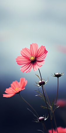 red flowers bloom near a serene body of water, surrounded by a picturesque landscape. the vibrant hues of light sky-blue and light pink create a stunning contrast. captured using focus stacking technique, the image showcases fine lines and delicate curves. the canon 50mm f095 lens beautifully captures the bold yet graceful essence of the scene, with hints of dark green and pink adding to itsの素材