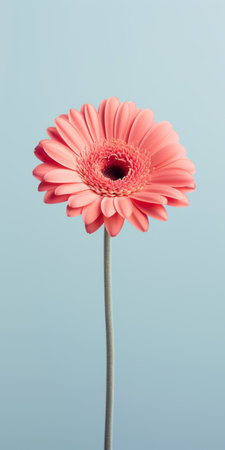 a pink daisy in a vase, showcasing the color field minimalism style. the image captures the light aquamarine background, while the daisy is portrayed with intricate photographic detail. the composition exudes a graceful balance, combining elements of pop-culture-infused aesthetics with bold yet graceful visuals. ai generatedの素材