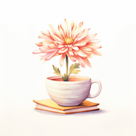 a daisy in a cup sits gracefully on top of books, showcasing the meticulous details of a realistic portrait painter. the soft gradients and charming illustrations in pink and orange hues create a captivating watercolor illustration, reminiscent of a meticulously detailed still life. ai generatedの素材