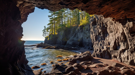 a stunning seascape photo of a cave on the rocky shore of hestiasula head in the uk. the rugged coastline is surrounded by an archipelago and pine trees, creating a picturesque backdrop. the northern finland literature house can be seen nearby, illuminated by a beam of light. the rough sea with big waves crashing on the rocks adds to the dramatic atmosphere of the scene.の素材