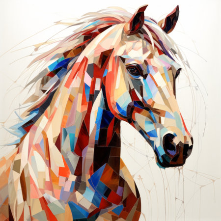 a painting of a horse with a colorful face, showcasing multifaceted geometry and flowing lines. the detailed background elements complement the light beige and red tones, creating a visually captivating artwork. this 20-megapixel masterpiece is a collaboration between renowned artists paul hedley and dariusz zawadzki. ai generatedの素材