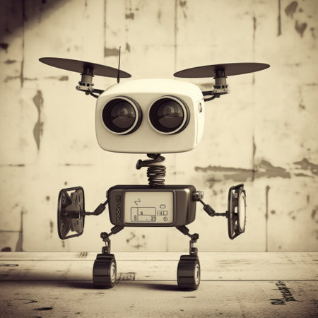 a stock photo featuring virtual robots and autonomous controls is depicted in a quirky visual storytelling style. the image showcases cubist planes and is captured through aerial photography, utilizing a wide-angle lens. the monochrome toning adds a unique touch, while the cross-processing technique enhances the overall aesthetic. the photo exudes a cute and quirky vibe. ai generatedの素材