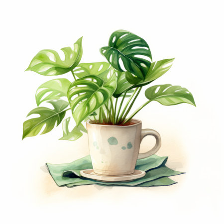 a watercolor illustration of a plant on a piece of tea, featuring playful cartoon-style artwork with tropical symbolism. the illustration showcases a domestic interior with green and beige tones, creating a lively tableau. the artwork is characterized by multidimensional shading, adding depth to the illustration. ai generatedの素材