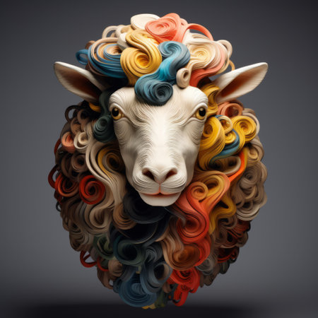 a sheep dressed up as a stylized artwork, showcasing dramatic use of color, organic sculpting, and multilayered design. this snailcore-inspired creation features realistic hyper-detailed portraits and twisted tangles, incorporating all of the above elements seamlessly. ai generatedの素材